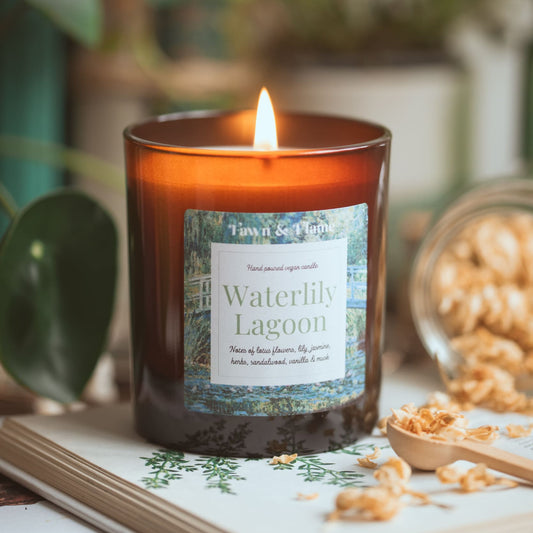 waterlily lagoon vegan candle with jasmine and books.