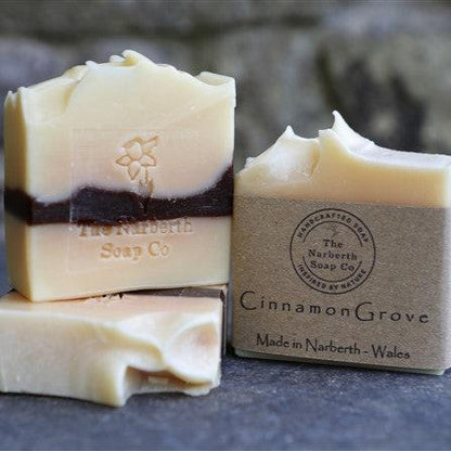 Cinnamon Grove soap with The Narberth Soap Co label and daffodil icon.