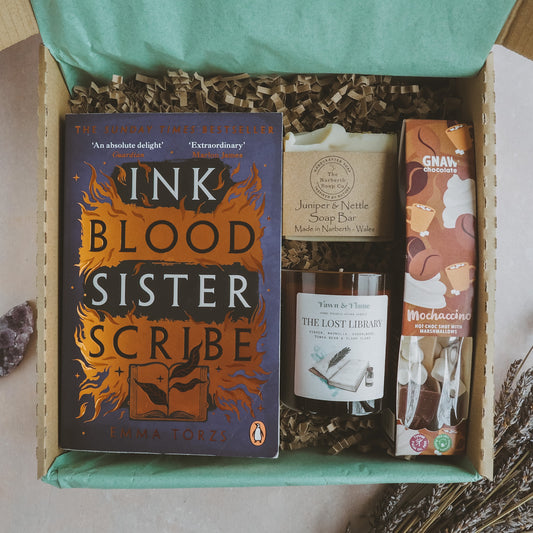 Ink Blood Sister Scribe book and candle gift box.