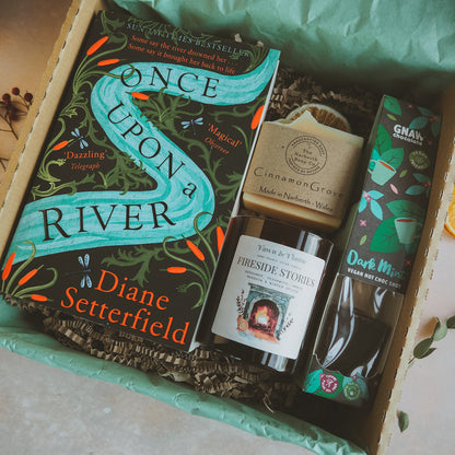 Once Upon a River book, candle, cinnamon soap and hot chocolate gift box.