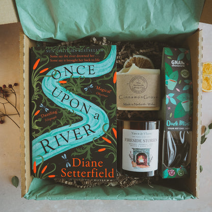 Once Upon a River book, candle, cinnamon soap and hot chocolate gift box.