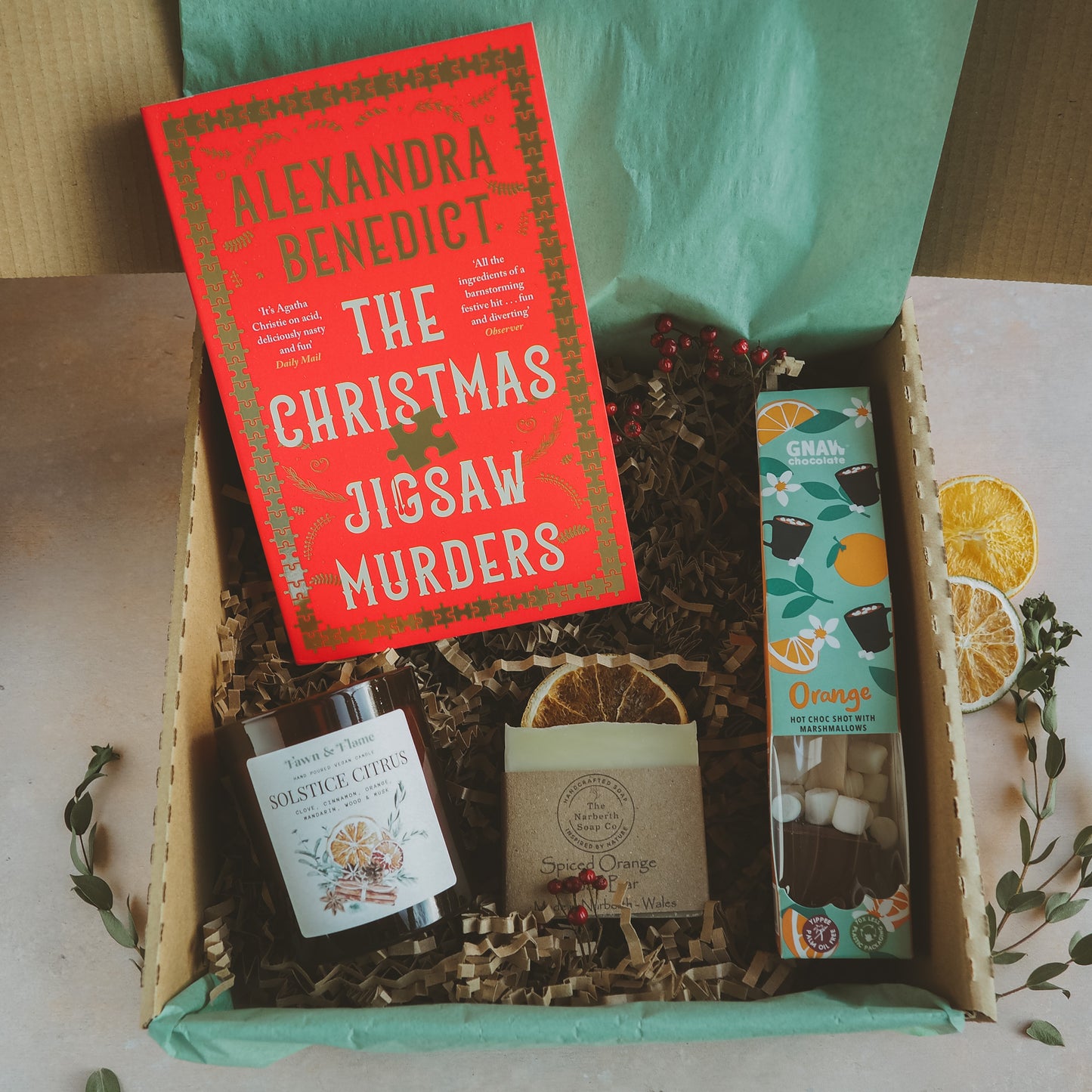 Solstice Citrus Gift Box: Curated Book & Candle Set with soap and hot chocolate