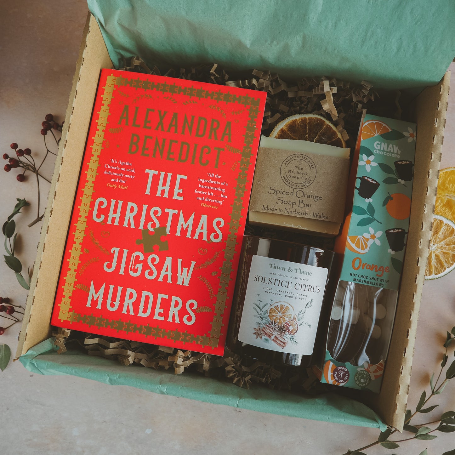 Solstice Citrus Gift Box: Curated Book & Candle Set with soap and hot chocolate