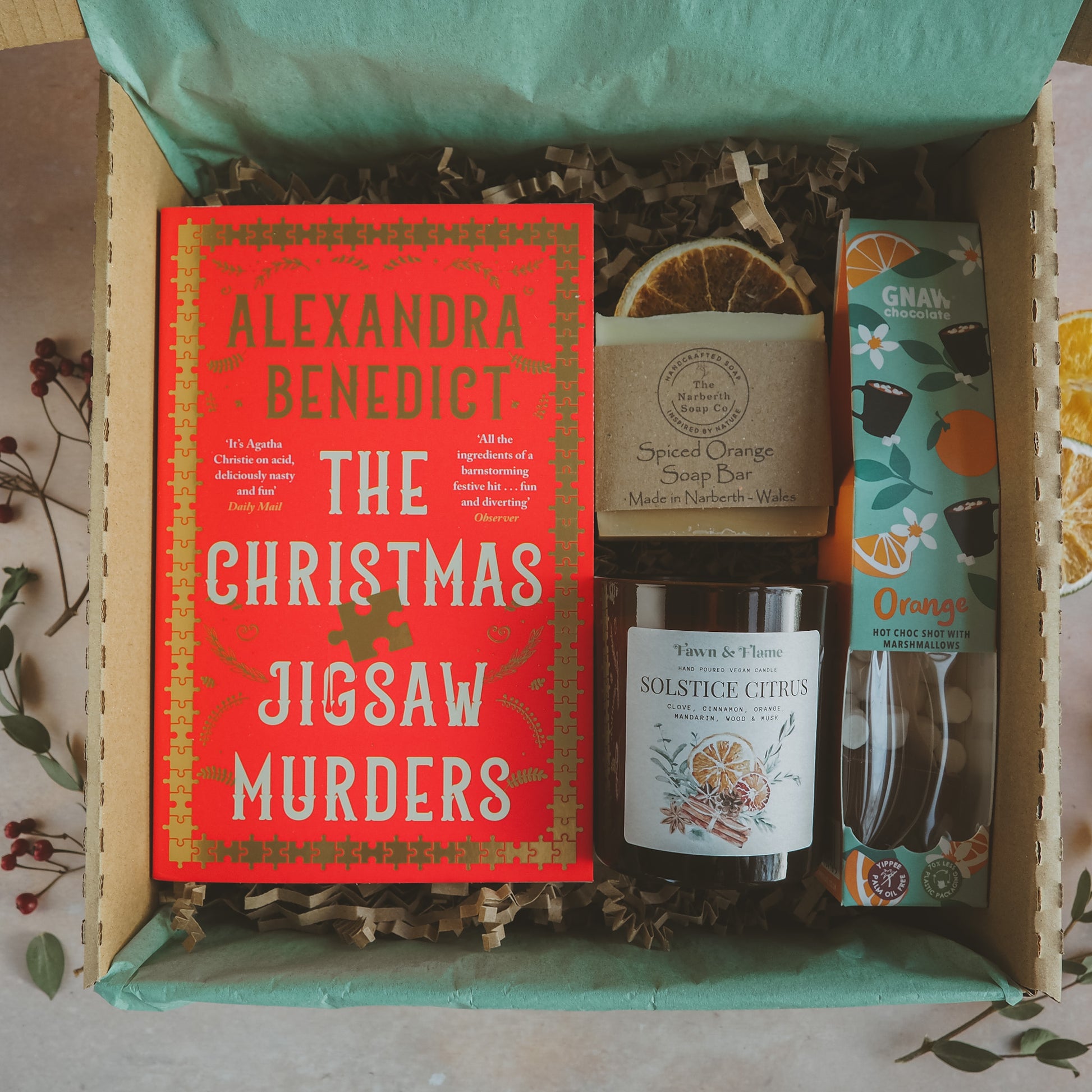 Solstice Citrus Gift Box: Curated Book & Candle Set with soap and hot chocolate