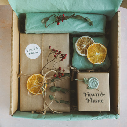 Winter Festive Fawn and Flame Seasonal Book and Candle Subscription Box.