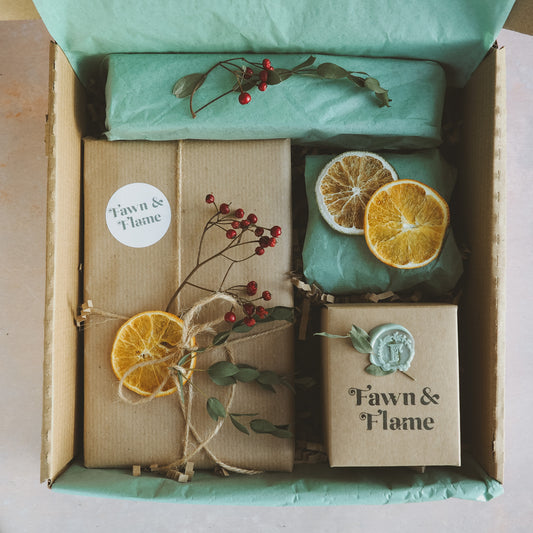 Winter Festive Fawn and Flame Seasonal Book and Candle Subscription Box.